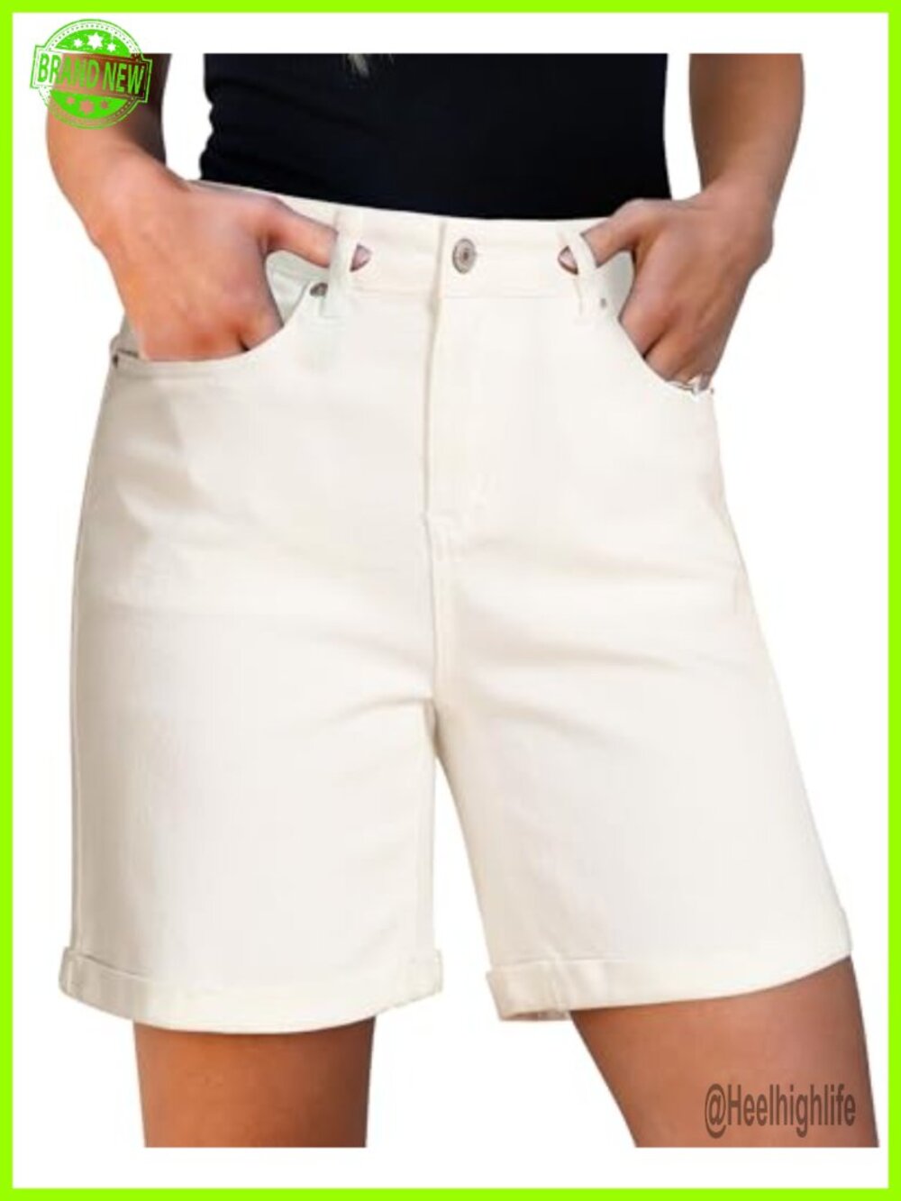 High Waisted Mid Thigh Fold Hem 7 Inch Inseam Stretchy Jean Shorts